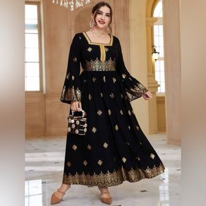 Elegant Arabic/Indian Golden Floral Trumpet Sleeve Dress, US Sizes 12 - 22